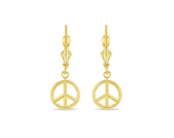 14k Solid Gold Peace Sign Earrings: Fleur de Lis Lever Backs
