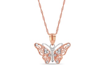 Collar con colgante de mariposa de oro macizo de 14k: Cadena de oro rosa bicolor