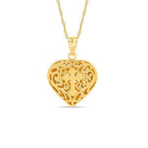 14k Solid Gold Heart Cross Pendant Necklace - 18&quot; Chain
