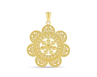 14k Solid Gold Filigree Flower Pendant: Elegant Floral Necklace