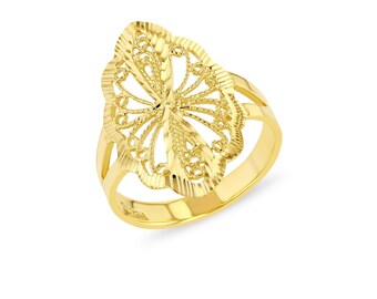 Könnte beinhalten: Ein goldener Filigranring mit einem zarten Schmetterlingsdesign. Der Ring ist aus 14 Karat Gold gefertigt und hat eine polierte Oberfläche.