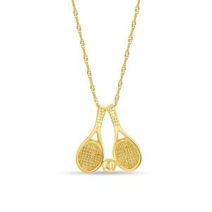 14k solid gold Tennis rackets with tennis ball pendant on 18" solid gold chain.