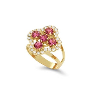 14k Solid Gold Diamond  and Pink Tourmaline Floral Ring.