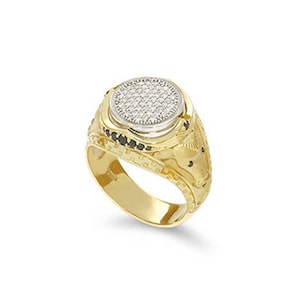 14k Two Tone Solid Gold White and Black Diamond Men&#39;s Signet Ring.