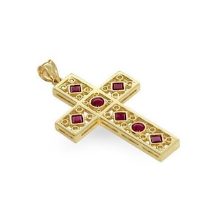 14k solid gold genuine ruby cross pendant. religious pendant.