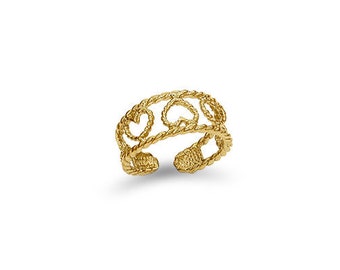 14k solid gold heart toe ring, rope design heart toe ring.