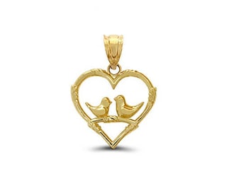 Colgante de corazón con pájaros del amor en oro macizo de 14 k