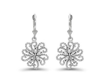 Sterling Silver Flower earrings on fleur de lis leverbacks. floral earrings.