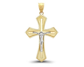 Colgante de crucifijo de oro de 14 quilates en dos tonos: elegante collar con cruz religiosa