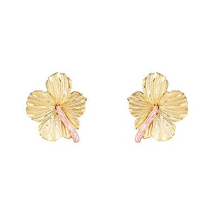 14 k massives Gold zwei Ton Hibiskus Post Ohrringe. Blumenohrringe