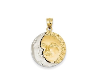 14K Gold Sun and Moon Pendant: Two Tone Celestial Jewelry