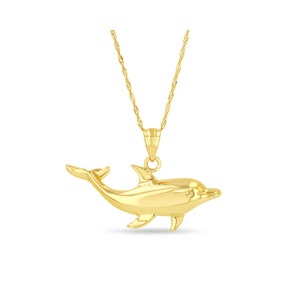 14k Solid Gold Dolphin Pendant on 18&quot; Gold Chain - High Polish Finish