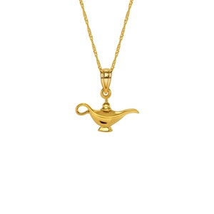 14k Solid Gold Genie Lamp Charm Necklace: High Polish, 18&quot; Chain