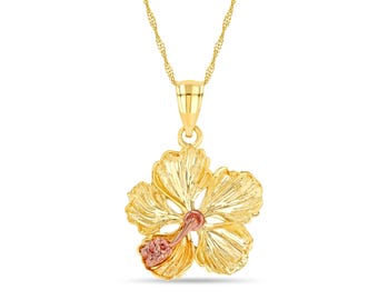 14k Solid Gold Two Tone Hibiscus Flower Pendant Necklace