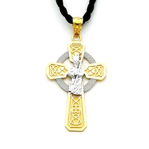 Two-Tone 14K Gold Irish Celtic Cross Pendant: Religious Jewelry