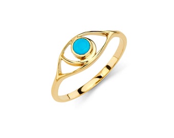 14K Gold Evil Eye Ring with Turquoise Cabochon