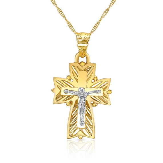 14k Solid Gold Two Tone Crucifix 