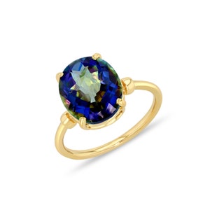 14k Solid Yellow Gold Blue Mystic Topaz Stone Ring.