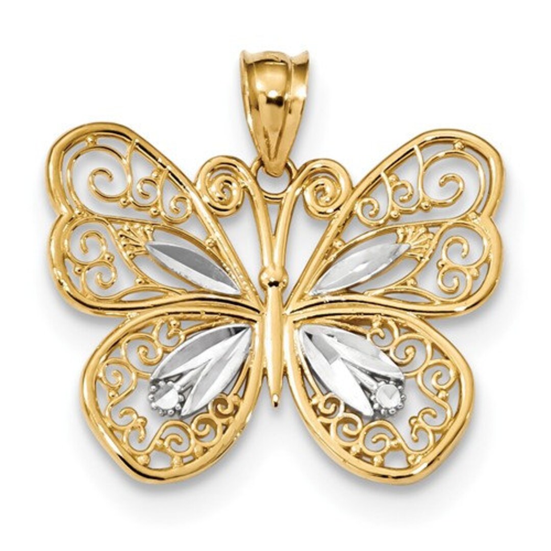 14k Gold Two Tone Butterfly Pendant. Etsy