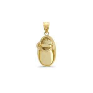 May include: Gold baby shoe charm pendant. The shoe is detailed with a strap and buckle.