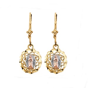 Pendientes de Nuestra Señora de Guadalupe Tricolor de 14K, Pendientes de Guadalupe, Joyería de Guadalupe, Joyería Religiosa, Guadalupe de Oro, Pendientes de Oro
