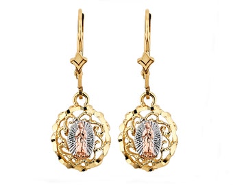 14K Tricolor Gold Our Lady of Guadalupe Earrings - Elegant Religious Jewelry