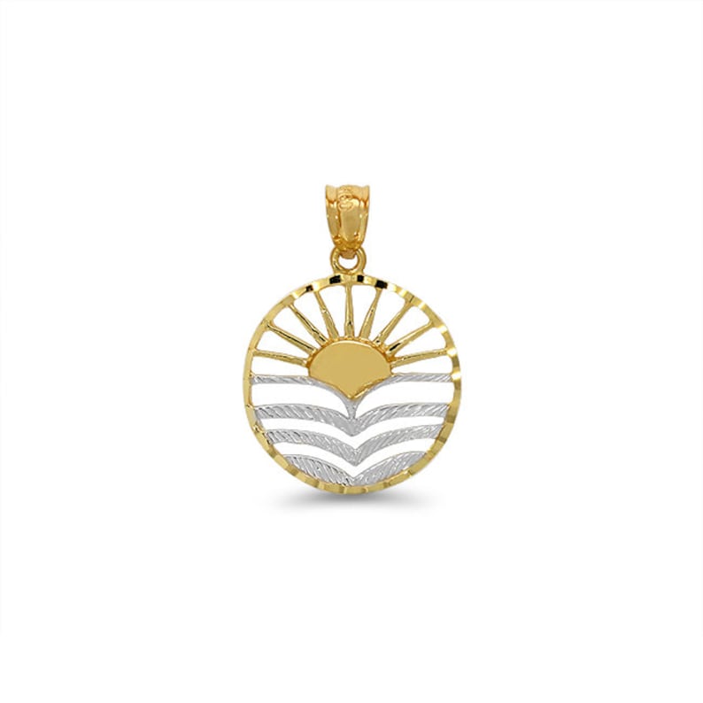 14k solid gold two tone sun and waves pendant. tropical pendant, sunset pendant. image 1