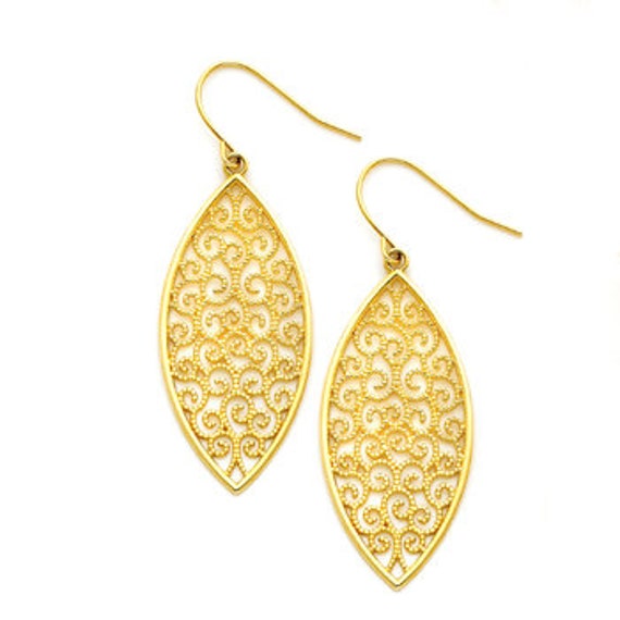 14k Solid Gold Filigree Earrings Marquise UK