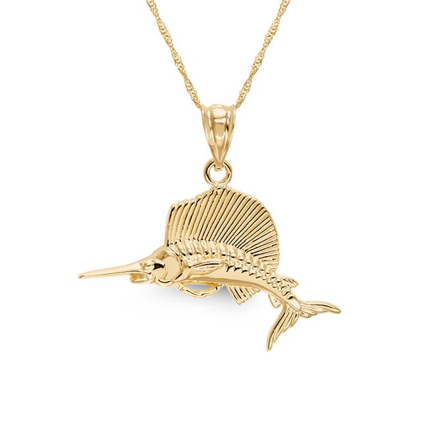 14k solid gold sail fish pendant on 18" solid gold chain.