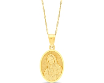 14k Solid Gold Virgin Mary Pendant Necklace - 18 inch Chain