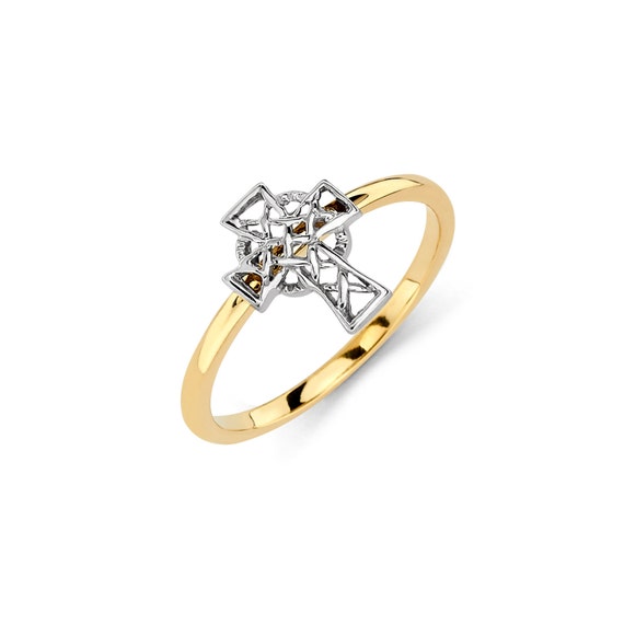 14K anillo de cruz celta de dos tonos, anillo de cruz celta de oro