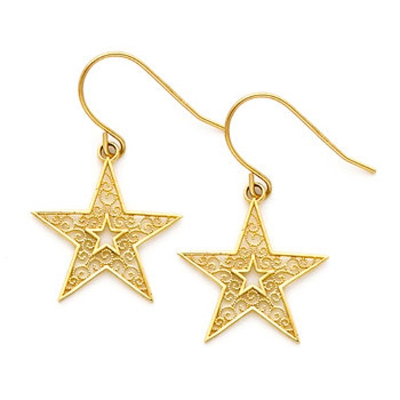 14K Gold Filigree Star Dangle Earrings: Celestial Fine Jewelry