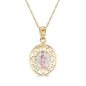 14k solid Tri Color gold Our Lady of Guadalupe pendant on 18&quot; solid gold chain
