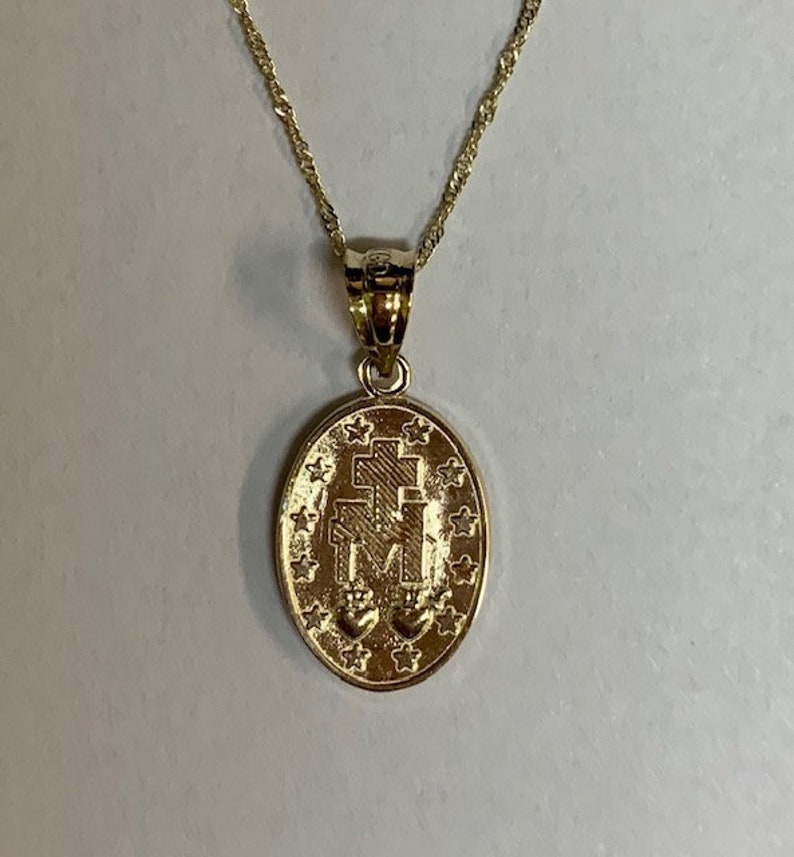 14k solid gold Virgin Mary medallion pendant with 18 solid gold chain. image 5