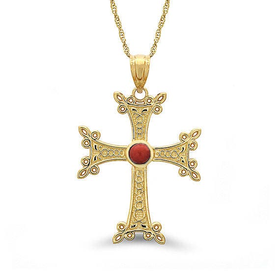 14k Solid Gold Armenian Cross Pendant With Genuine Garnet Image 0