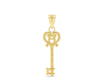 14K Solid Gold Heart Key Pendant – Vintage-Style Love Key Charm in High Polish Finish