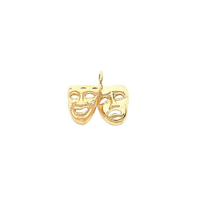 14K Gold Comedy and Tragedy Mask Pendant, Theater Drama Face Charm, Performing Arts Jewelry, Artist Pendant, Smile Now Cry Later, Theatrical