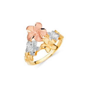 14K Tricolor Gold Plumeria Ring - Floral Jewelry