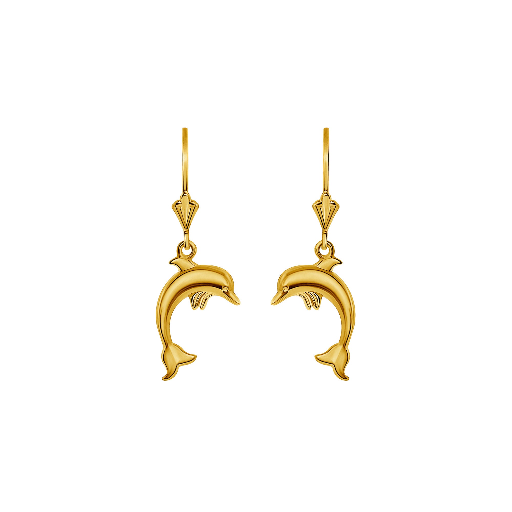 10K 2-Tone Yellow Gold Dolphin Hoop Earrings With White Gold Heart in Center