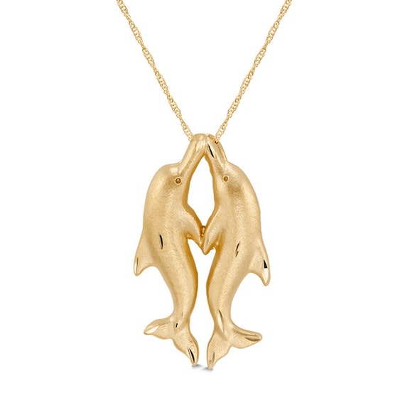14k Solid Gold Twin Dolphin Kissing Dolphin Pendant With - Main Image