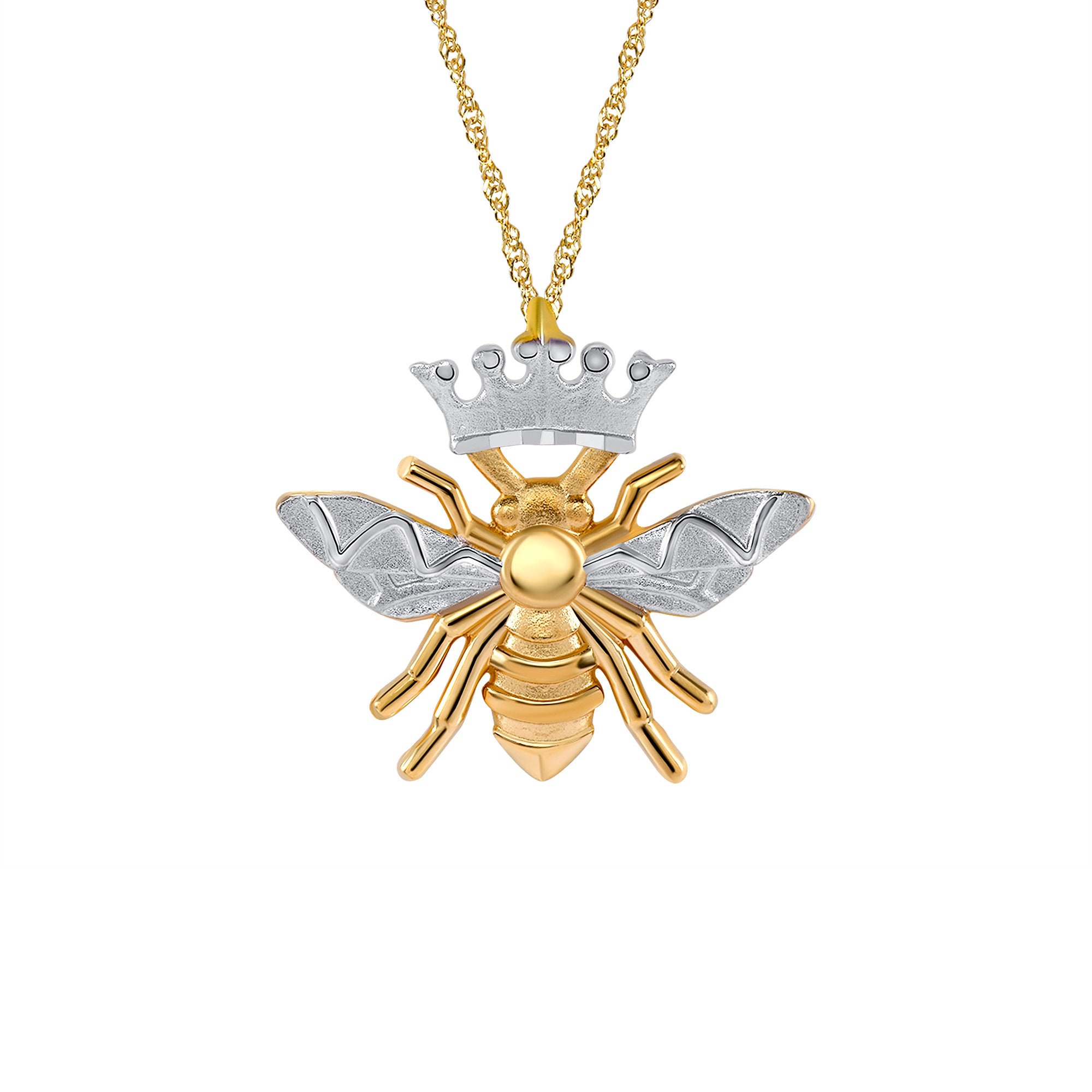 14k solid gold two tone Queen Bee pendant with crown on 18 chain