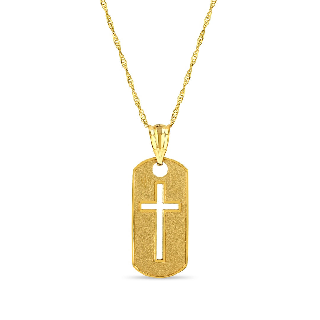 14K Solid Gold Dog Tag Cross Pendant on 18 Solid Gold Chain. Etsy