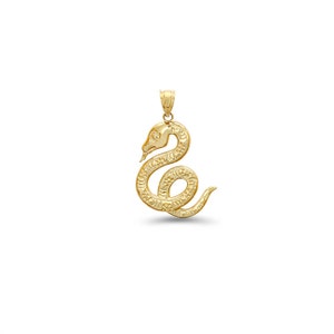 May include: A gold snake pendant with a textured surface. The snake is coiled and has a raised head with a small diamond eye.