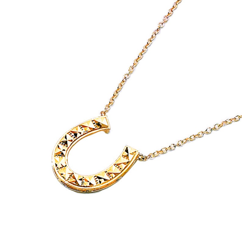 14k yellow gold diamond cut horse shoe necklace. good luck necklace. image 1