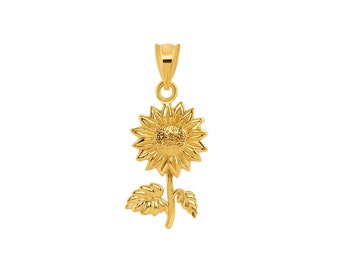 14k solid gold Sunflower Pendant, Sunflower charm.Floral Jewelry. Flower