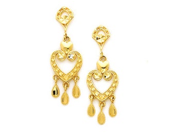 14k gold chandelier heart earrings.