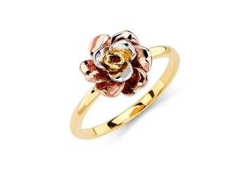 14K Tricolor Rose Ring, Rose Ring, Gold Ring, Rose Jewelry, Gold Jewelry, Floral Ring, Floral Jewlery, Flower Ring, Flower Jewelry, Rose