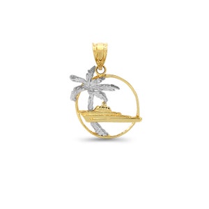 14k solid gold two tone tropical pendant, palmtree & cruise ship pendant.