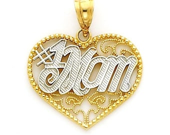 14k Two tone Gold Filigree "1 Mom" Charm.