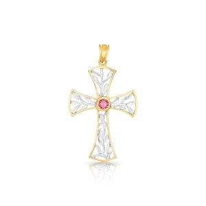 14k massivt guld tvåfärgat kors med rosa turmalinsten.